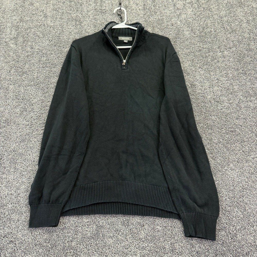 Merona Quarter Zip Sweater Mens Large Black Cotton Pullover Mock Neck Rib Trim